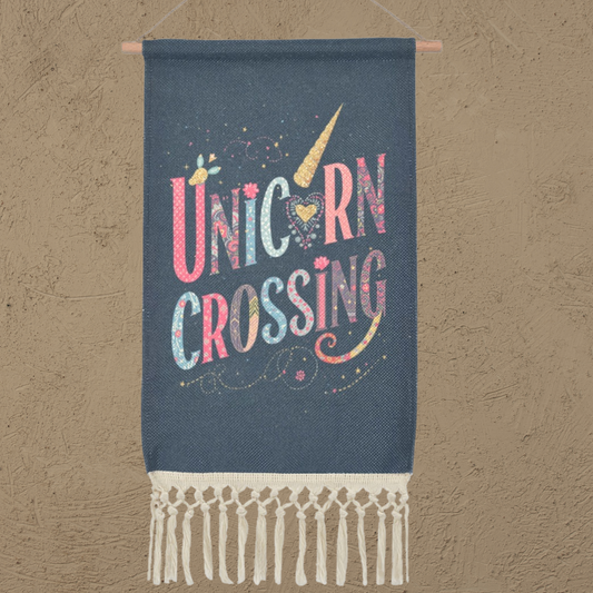 Unicorn Crossing Linen Wall Hanging | Whimsical Kids Room Tapestry