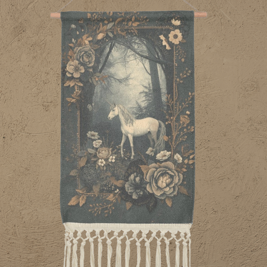 Enchanted Unicorn Linen Hanging Poster | Mystical Forest Tapestry with Fringe