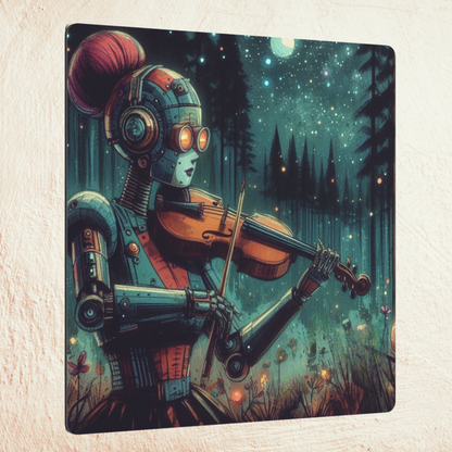 Metal Wall Art - Retro-Futuristic Robot Playing Violin in the Forest Night