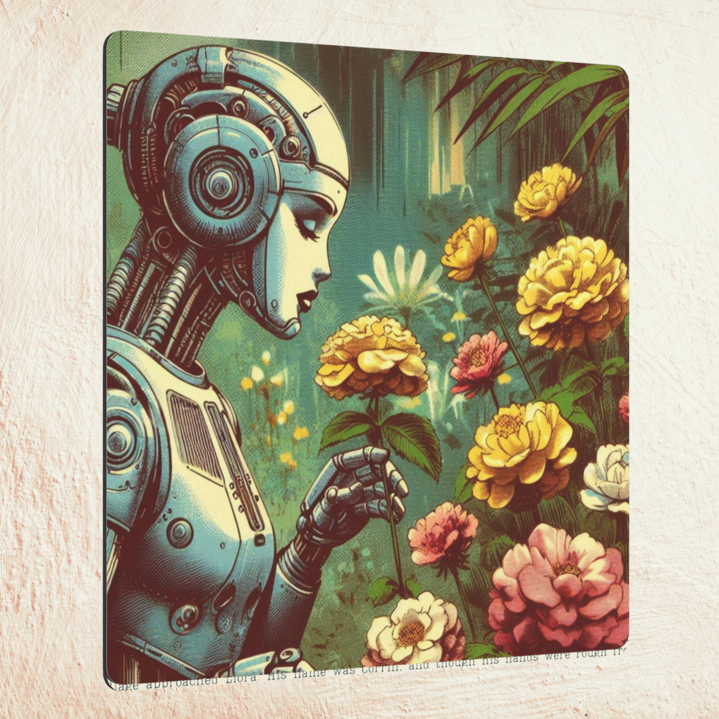 Metal Wall Art - Retro Futuristic Robot Smelling Flowers in Lush Garden
