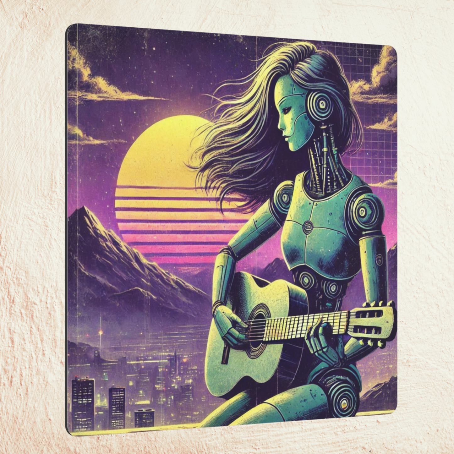 Metal Wall Art - Moody Retro-Futuristic Robot Guitarist Scene, Purple Green with Vintage Overlay