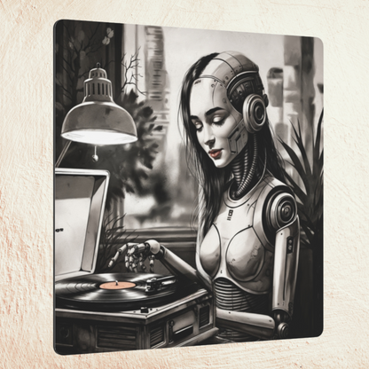 Metal Wall Art - Echoes of the Machine, a Retro-Futuristic Music-Loving Robot Relishing a Record