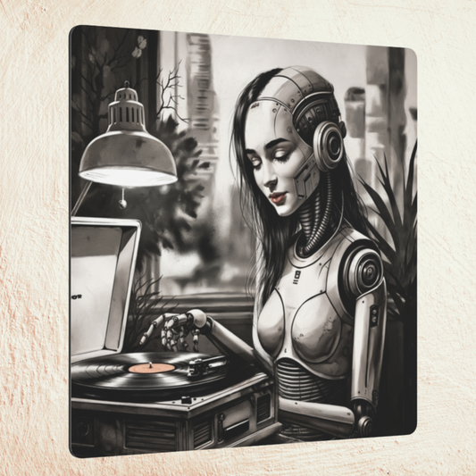 Metal Wall Art - Echoes of the Machine, a Retro-Futuristic Music-Loving Robot Relishing a Record