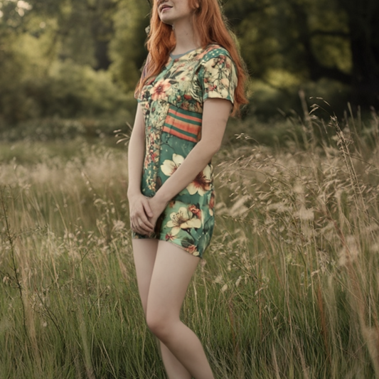 Victorian Inspired Fantasy Patchwork T-Shirt Dress with Cherry Blossoms