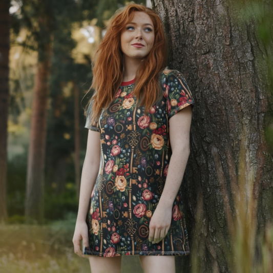 Secret Garden Keys T-Shirt Dress – Vintage Florals & Hidden Doorways, Dark Cottagecore Fashion