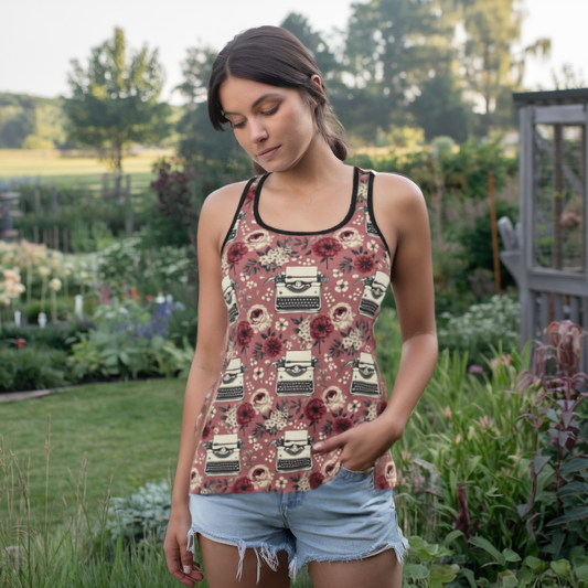 Typewriter Floral Racerback Tank – Pink Vintage-Inspired Top