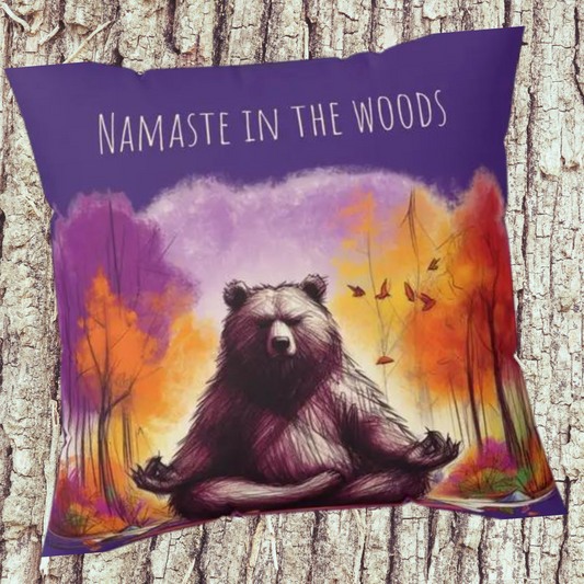 Whimsical Meditating Bear Faux Suede Pillow – Fall Leaves Yoga Design, Cozy Home Decor for Nature and Yoga Lovers