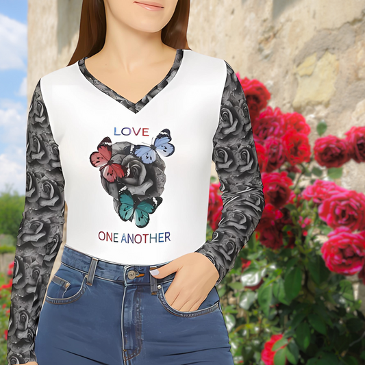 Love One Another Print with Rose and Butterflies - Women's Long Sleeve Inspirational V-neck Shirt