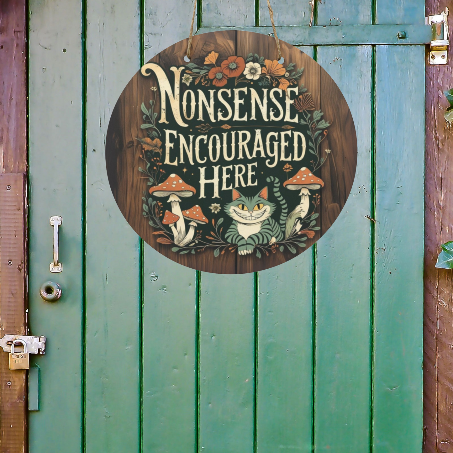 Nonsense Encouraged Here Round Wooden Sign | Alice in Wonderland Inspired Wall Decor