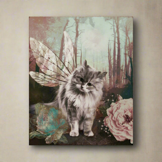 Cat with fairy wings and flowers in a forest setting