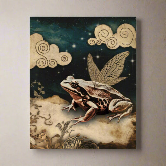 Frog with butterfly wings on a stone surface with clouds and stars in the background