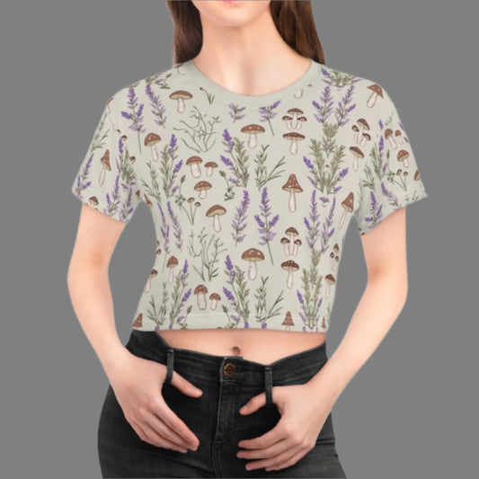 Crop Tee - Lavender & Mushroom Cottagecore Charm