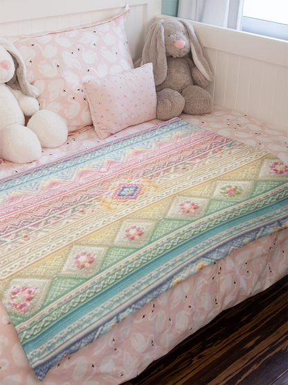 Retro Rainbow Geometric Plush Blanket - Soft Velveteen Throw with Vintage Granny Chic Design - Cozy Medium-Heavyweight Blanket