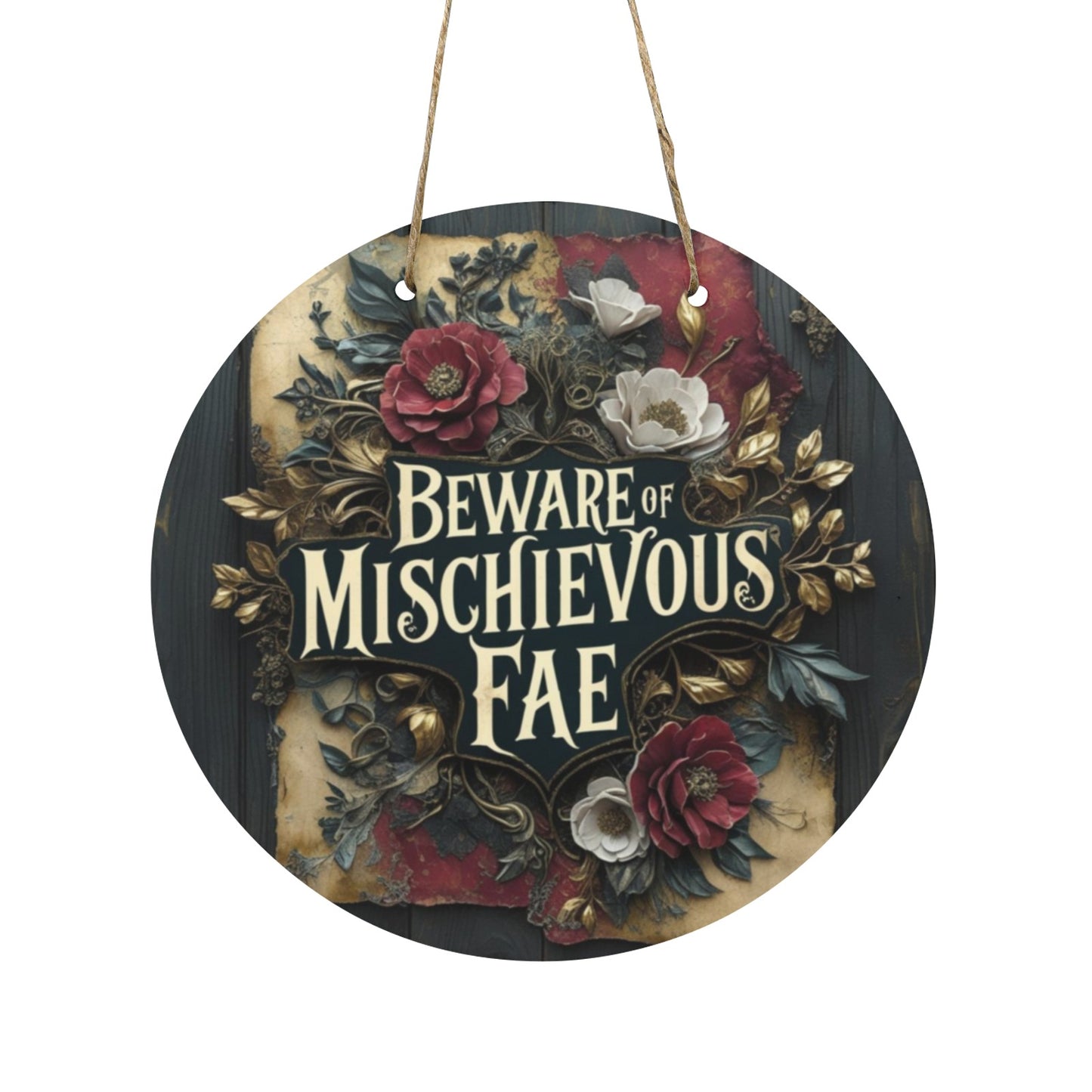Beware of Mischievous Fae Round Wooden Sign | Whimsical Gothic Fairy Garden Decor