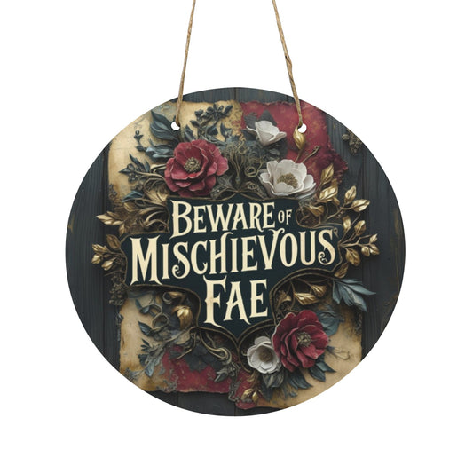 Beware of Mischievous Fae Round Wooden Sign | Whimsical Gothic Fairy Garden Decor