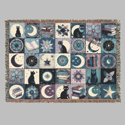 Woven Blanket - Patchwork Cats, Books, & Moons