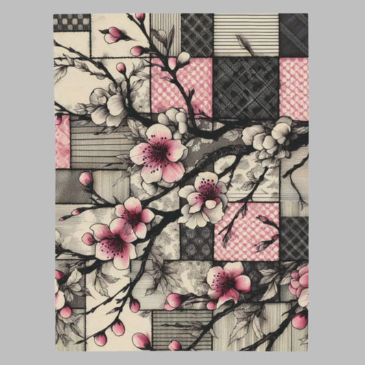 Velveteen Plush Blanket - Cherry Blossom Patchwork Style Throw with Bold Pink and Black Design