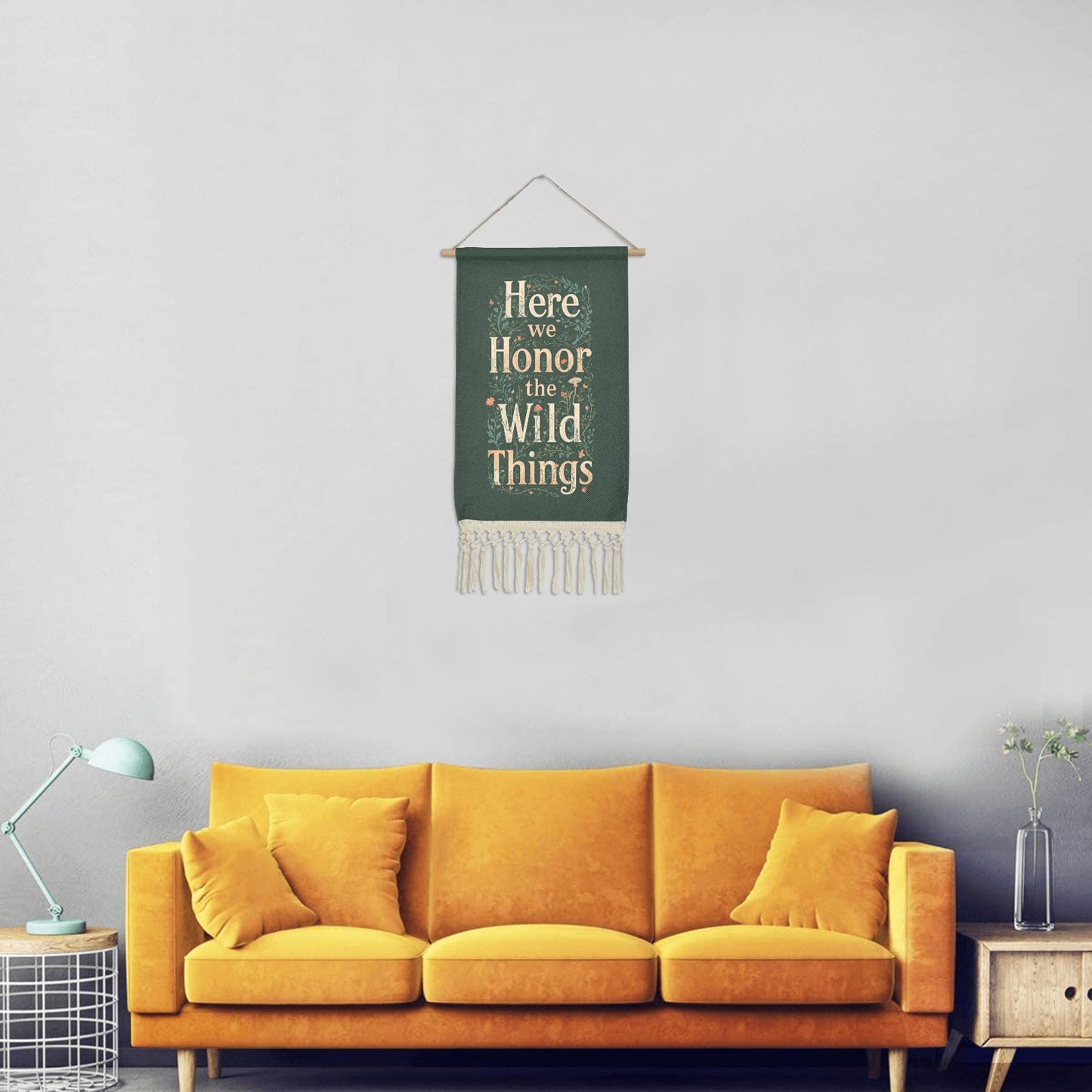 Botanical Linen Hanging Poster | Woodland Quote, Wooden Scroll & Fringe Tapestry