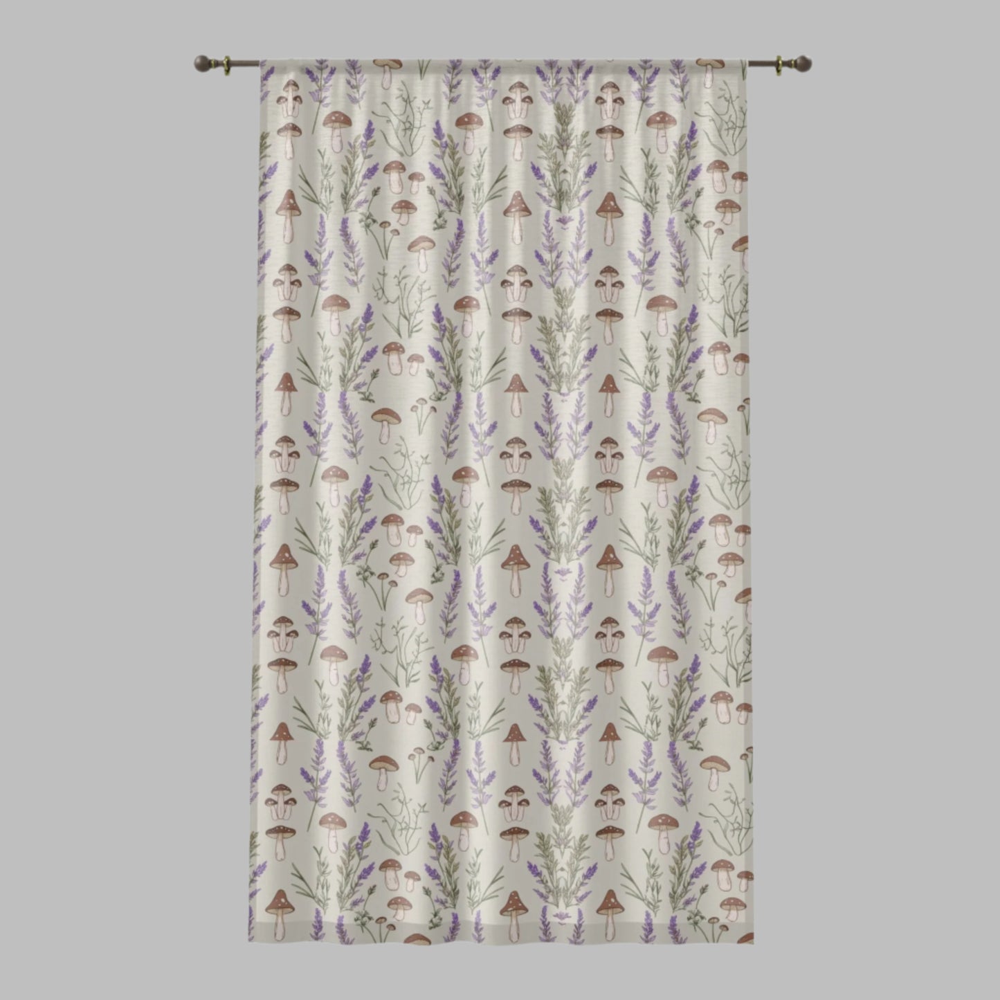 Window Curtain - Boho Botanical Mushroom & Lavender Design, 50" × 84" Sheer