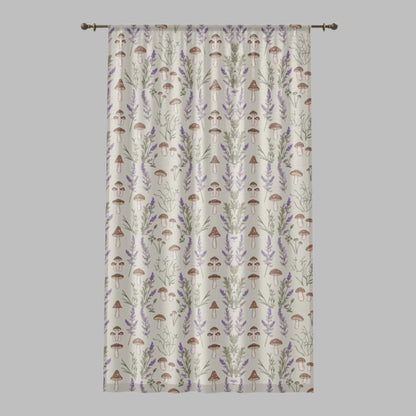 Window Curtain - Boho Botanical Mushroom & Lavender Design, 50" × 84" Sheer