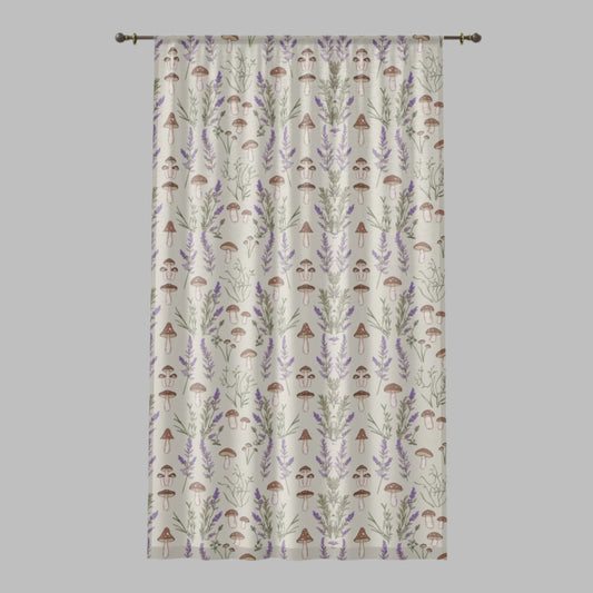 Window Curtain - Boho Botanical Mushroom & Lavender Design, 50" × 84" Sheer