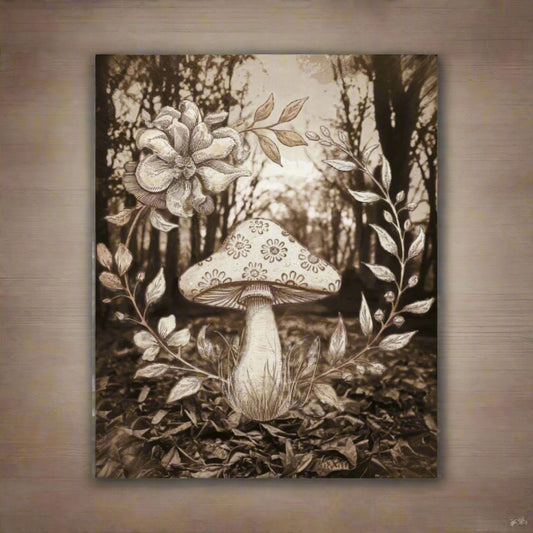 Illustration of a mushroom with floral elements in sepia tones