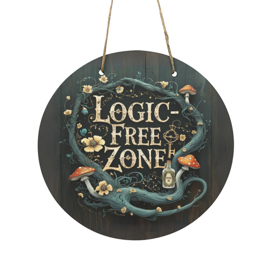 Logic-Free Zone Round Wooden Sign | Alice in Wonderland Inspired Wall Art