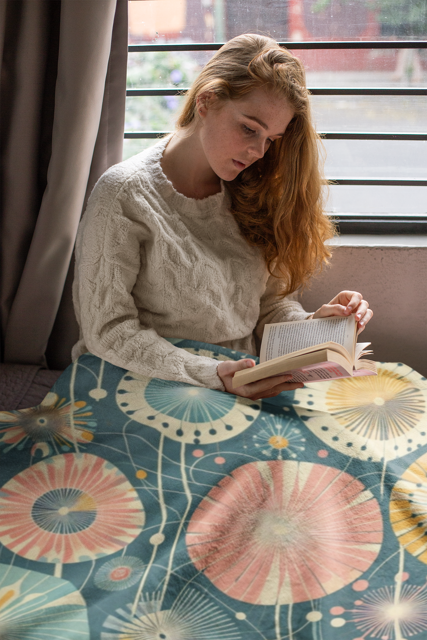 Whimsical Dandelion Pattern Velveteen Plush Blanket - Retro Teal, Pink, & Yellow - Cozy & Soft Kids or Living Room Blanket