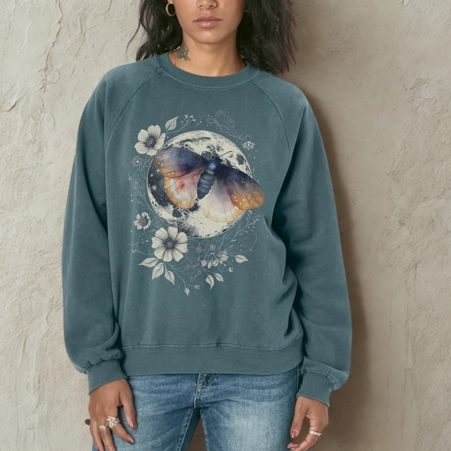 Moth and Moon Sweatshirt | Celestial Nature Crewneck | Bella + Canvas Fleece