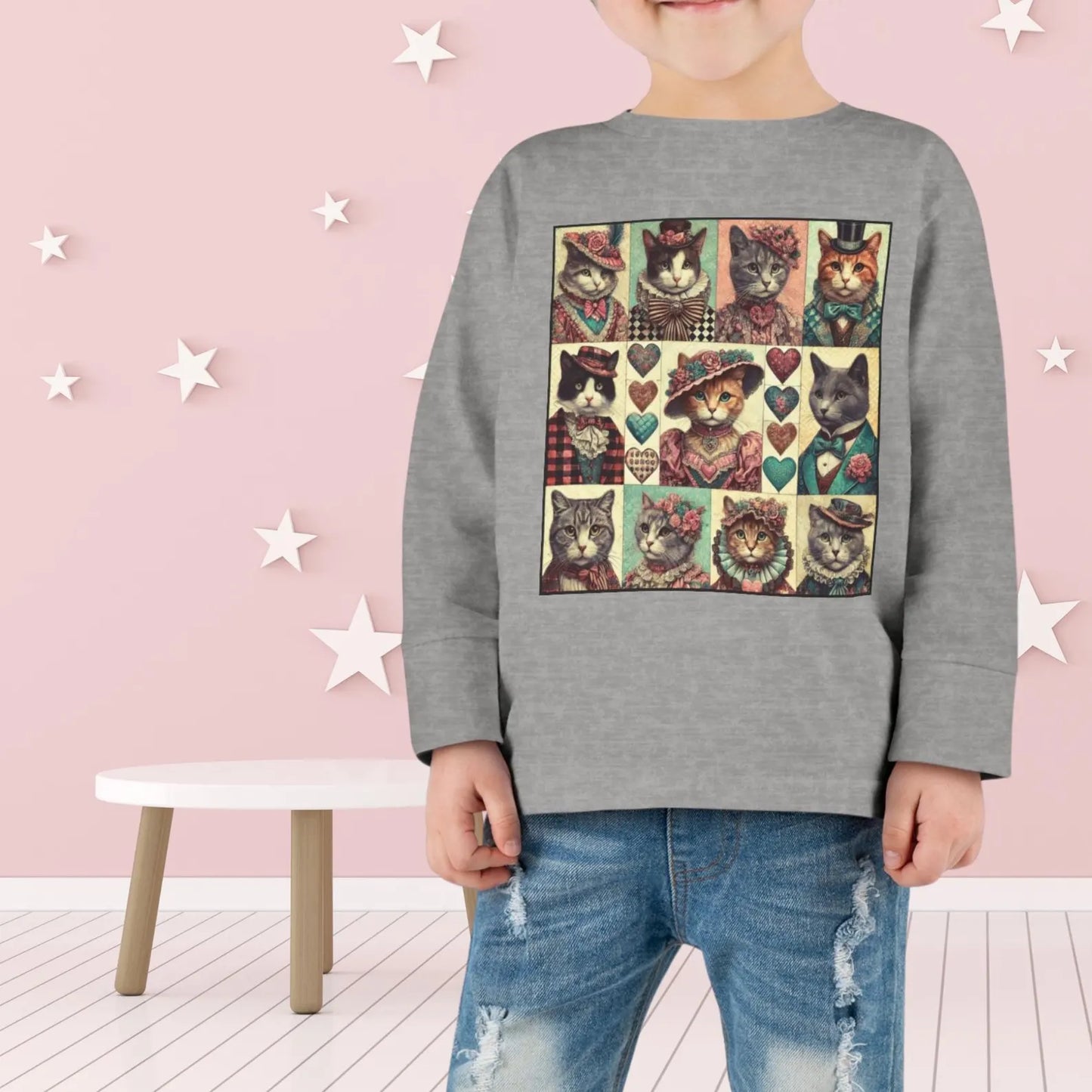 Toddler Long Sleeve Shirt - Victorian Cats Whimsical Valentine's Theme, Patchwork Style