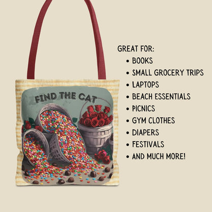 Tote Bag - Hidden Cat Puzzle, Fun "Find the Cat" Valentine's Bag with Roses & Candy