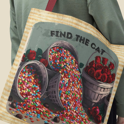 Tote Bag - Hidden Cat Puzzle, Fun "Find the Cat" Valentine's Bag with Roses & Candy