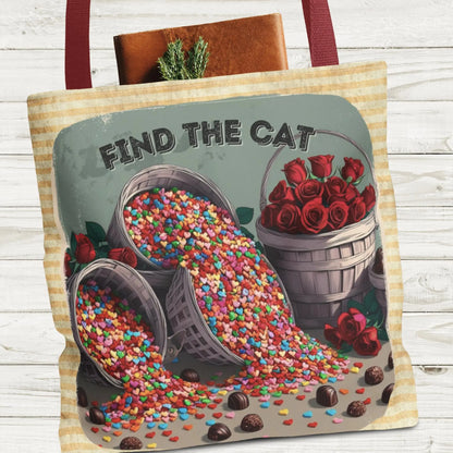 Tote Bag - Hidden Cat Puzzle, Fun "Find the Cat" Valentine's Bag with Roses & Candy