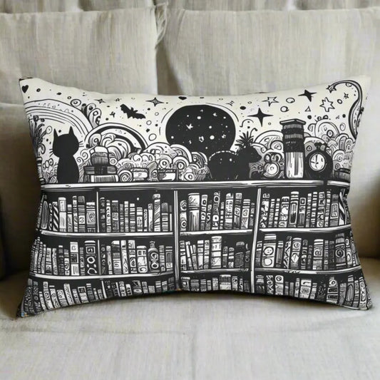 Whimsical Library & Cat Lumbar Pillow – 20x14" Black & White Bookish Decor