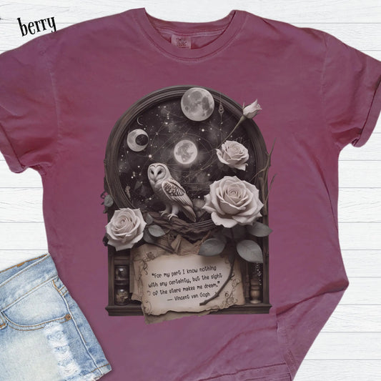 Celestial Owl T-Shirt | Van Gogh Quote, Gothic Moon & Stars | Comfort Colors
