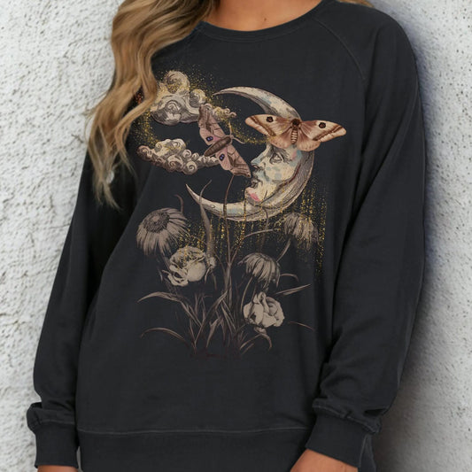 Mystical Moon & Moth French Terry Sweatshirt | Lunar Botanical Pullover