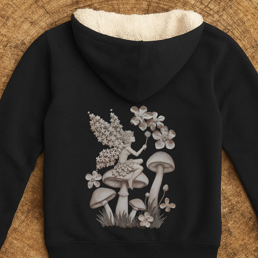 Fairy Sherpa Hoodie | Mushroom & Flower Fantasy Zip-Up Jacket