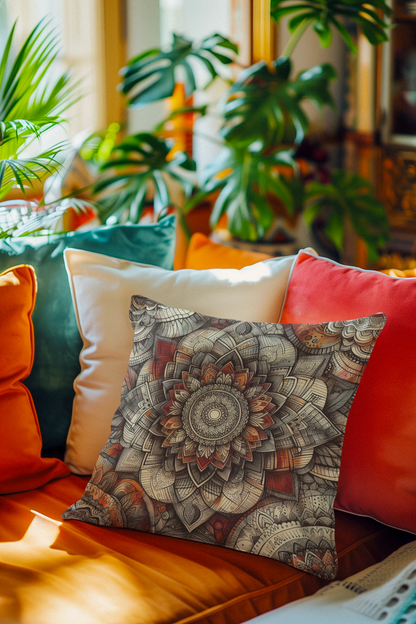 Square Autumn Pillow - Boho Floral Mandala