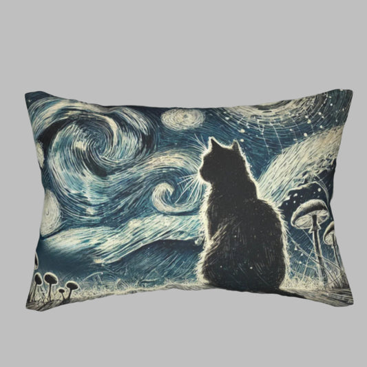 Lumbar Pillow - Enchanted Night with Black Cat and Whimsical Clouds