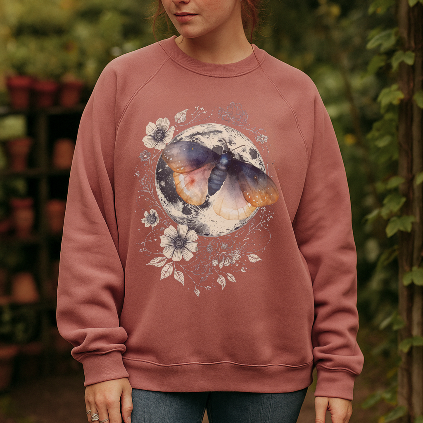 Moth and Moon Sweatshirt | Celestial Nature Crewneck | Bella + Canvas Fleece