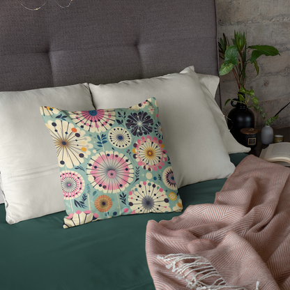 Retro 50s Dandelion Faux Suede Square Pillow - Teal with Pink, Yellow & Navy Accents - Soft Throw Pillow,  Granny Chic Decor