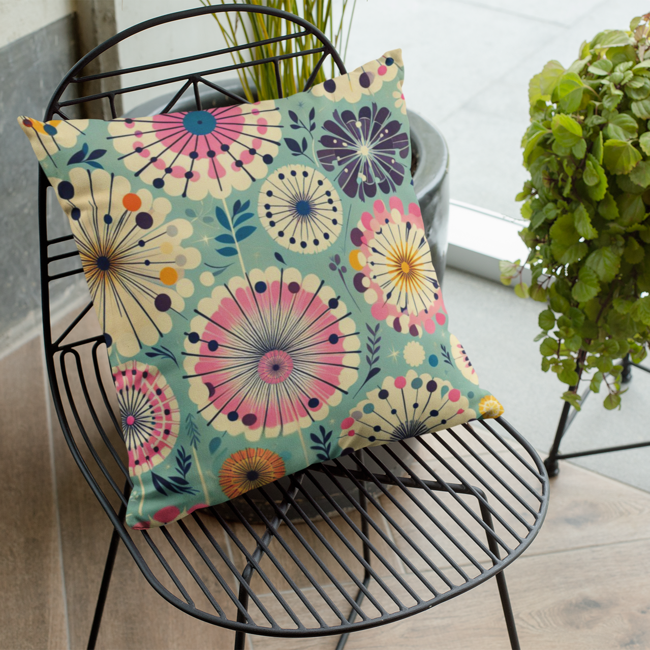 Retro 50s Dandelion Faux Suede Square Pillow - Teal with Pink, Yellow & Navy Accents - Soft Throw Pillow,  Granny Chic Decor