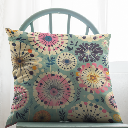 Retro 50s Dandelion Faux Suede Square Pillow - Teal with Pink, Yellow & Navy Accents - Soft Throw Pillow,  Granny Chic Decor