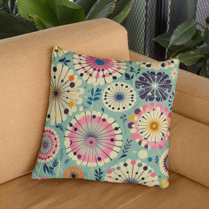 Retro 50s Dandelion Faux Suede Square Pillow - Teal with Pink, Yellow & Navy Accents - Soft Throw Pillow,  Granny Chic Decor