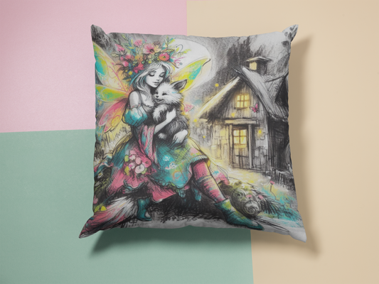 Fox Fairy & Baby Fox - Whimsical Throw Pillow, Cottage Core Design with Vibrant Colors, Great for Nurseries & Living Spaces