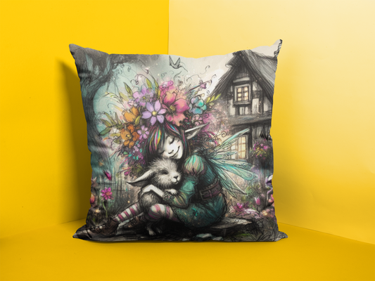 Fairy & Bunny Friend - Large Whimsical Throw Pillow, Cottage Core Design with Vibrant Colors, Great for Nurseries & Living Spaces