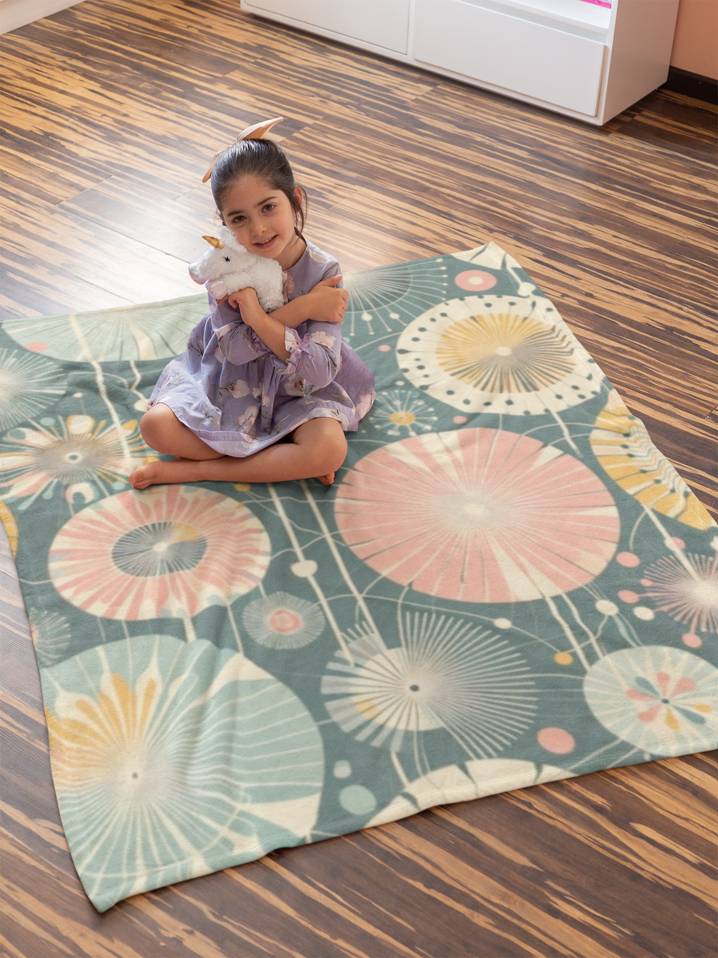 Whimsical Dandelion Pattern Velveteen Plush Blanket - Retro Teal, Pink, & Yellow - Cozy & Soft Kids or Living Room Blanket